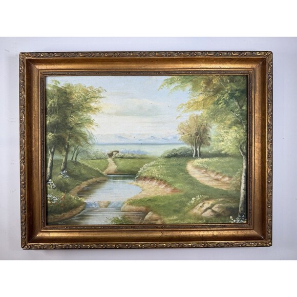 Other - Original Oil Landscape Painting‎ Of Landscape Scene With River, Trees, Flowers